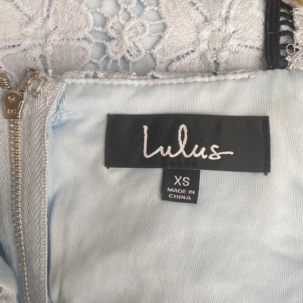 Lulu's Lace Crochet Eyelet Ruffle Hem Mermaid Blue Cocktail Midi Dress Gown - Picture 8 of 10